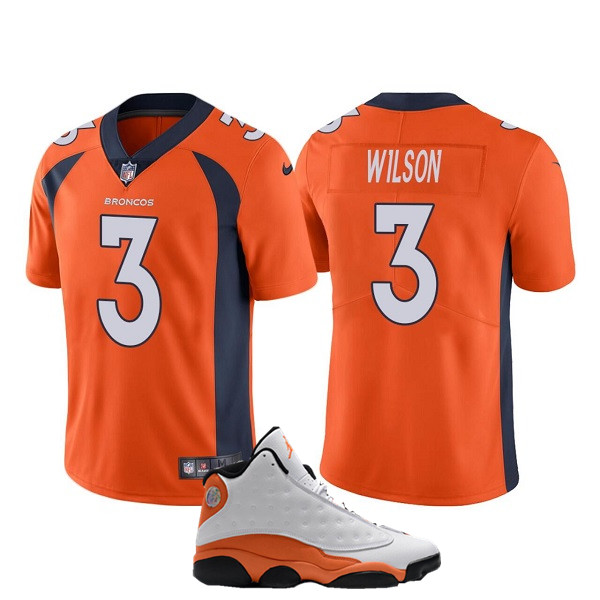 Men's Denver Broncos #3 Russell Wilson Orange Vapor Limited Stitched Jersey+AJ13 Shoes